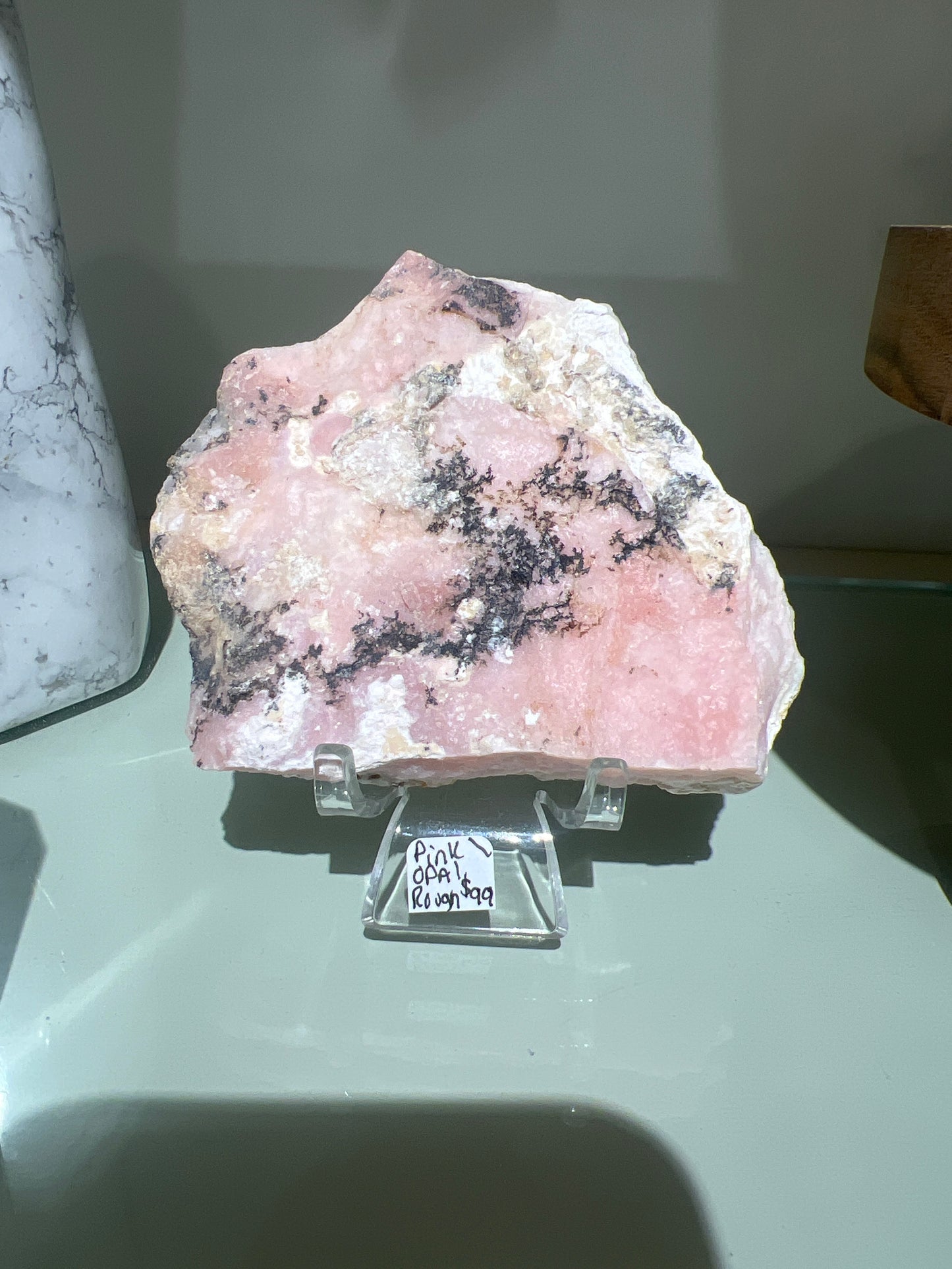 Pink Opal Rough Slab On Stand