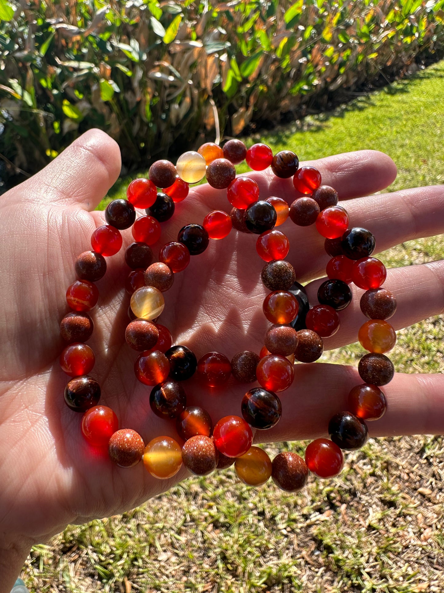 Carnelian, Red Tigers Eye, And Goldstone Bracelet