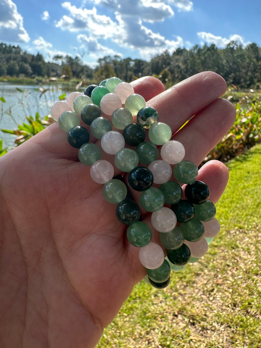 Rose Quartz Green Aventurine And Moss Agate Bracelet