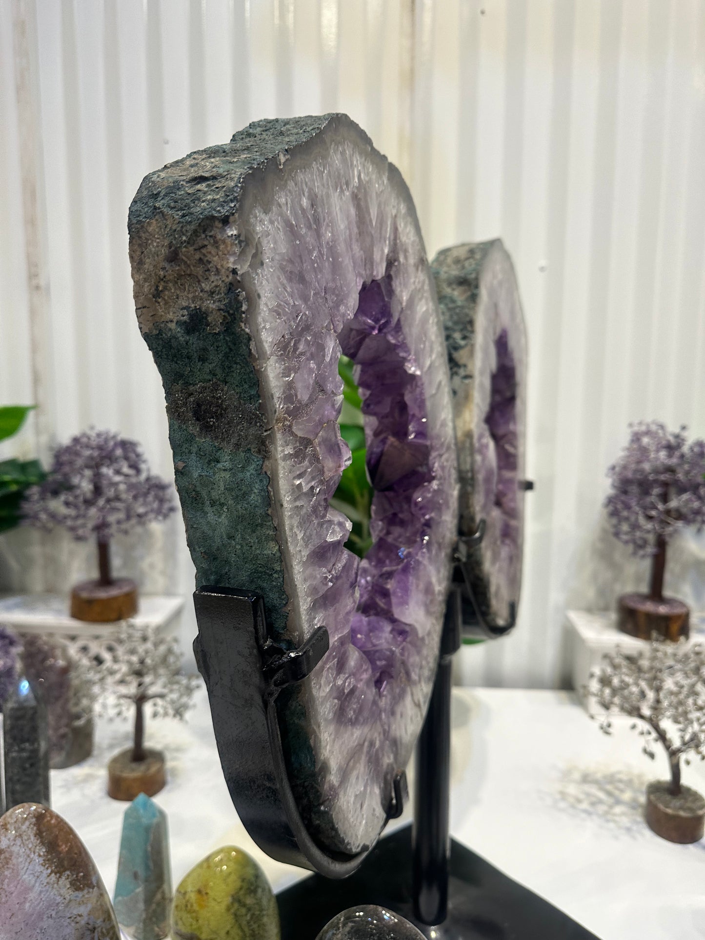 Natural Brazilian Amethyst Pair of Slices With Spinning Custom Stand