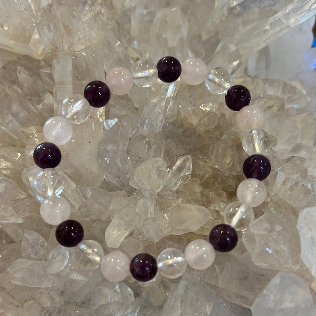 Amethyst Rose Quartz And Clear Quartz Bracelet