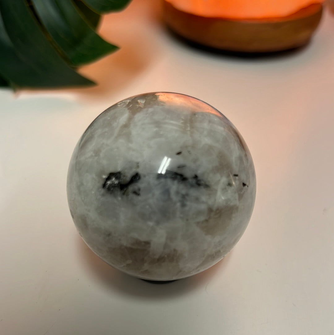 Rainbow Moonstone Sphere With Smoky Quartz