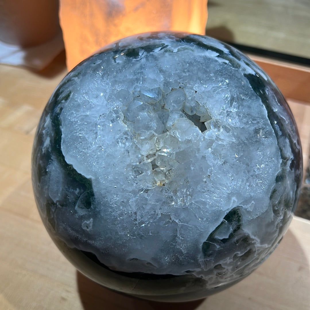 Large Moss Agate Sphere With Druzy Pockets