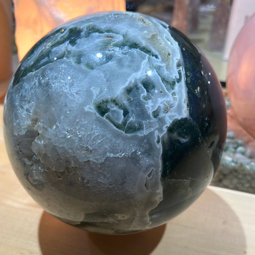 Large Moss Agate Sphere With Druzy Pockets