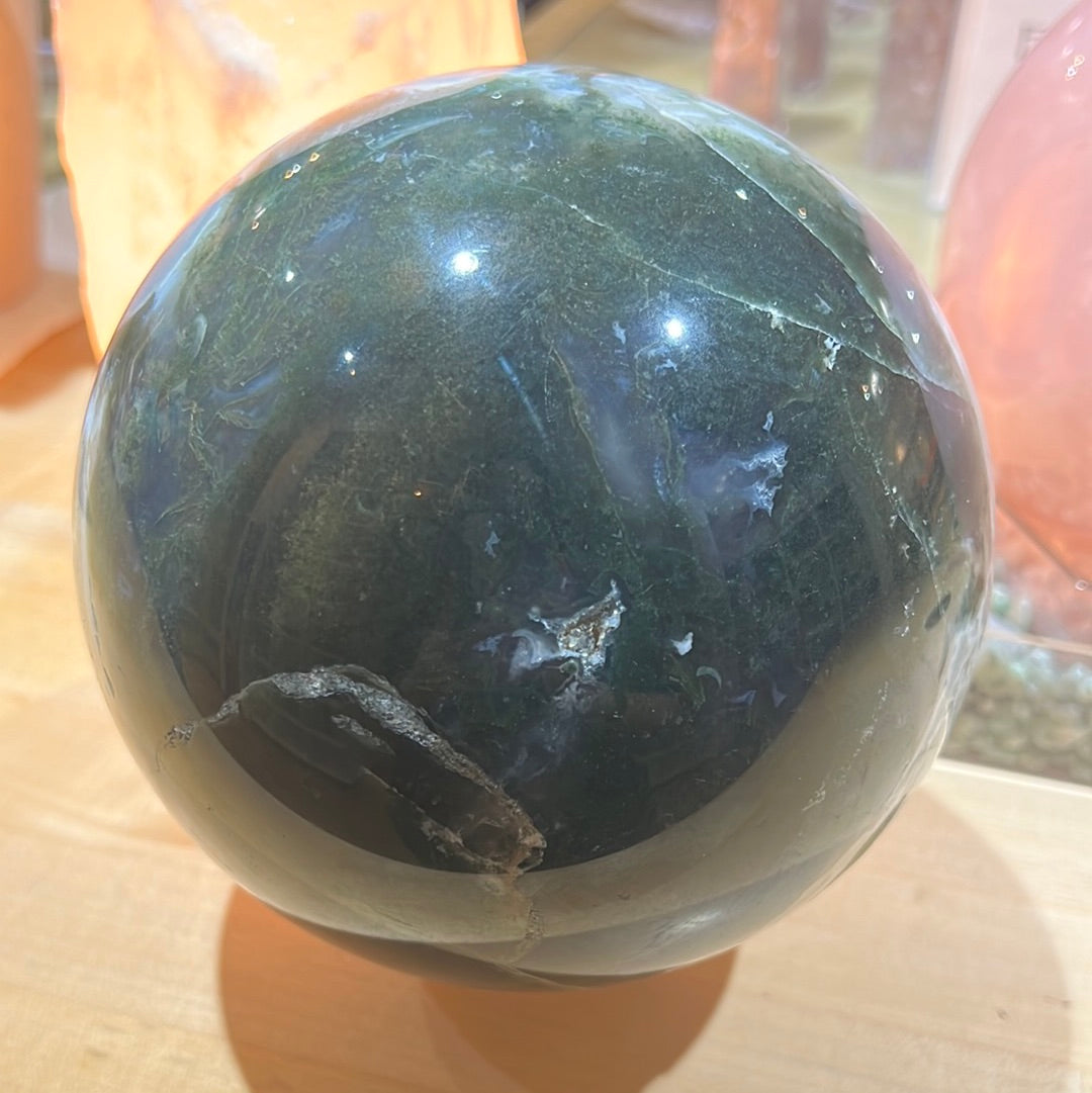 Large Moss Agate Sphere With Druzy Pockets