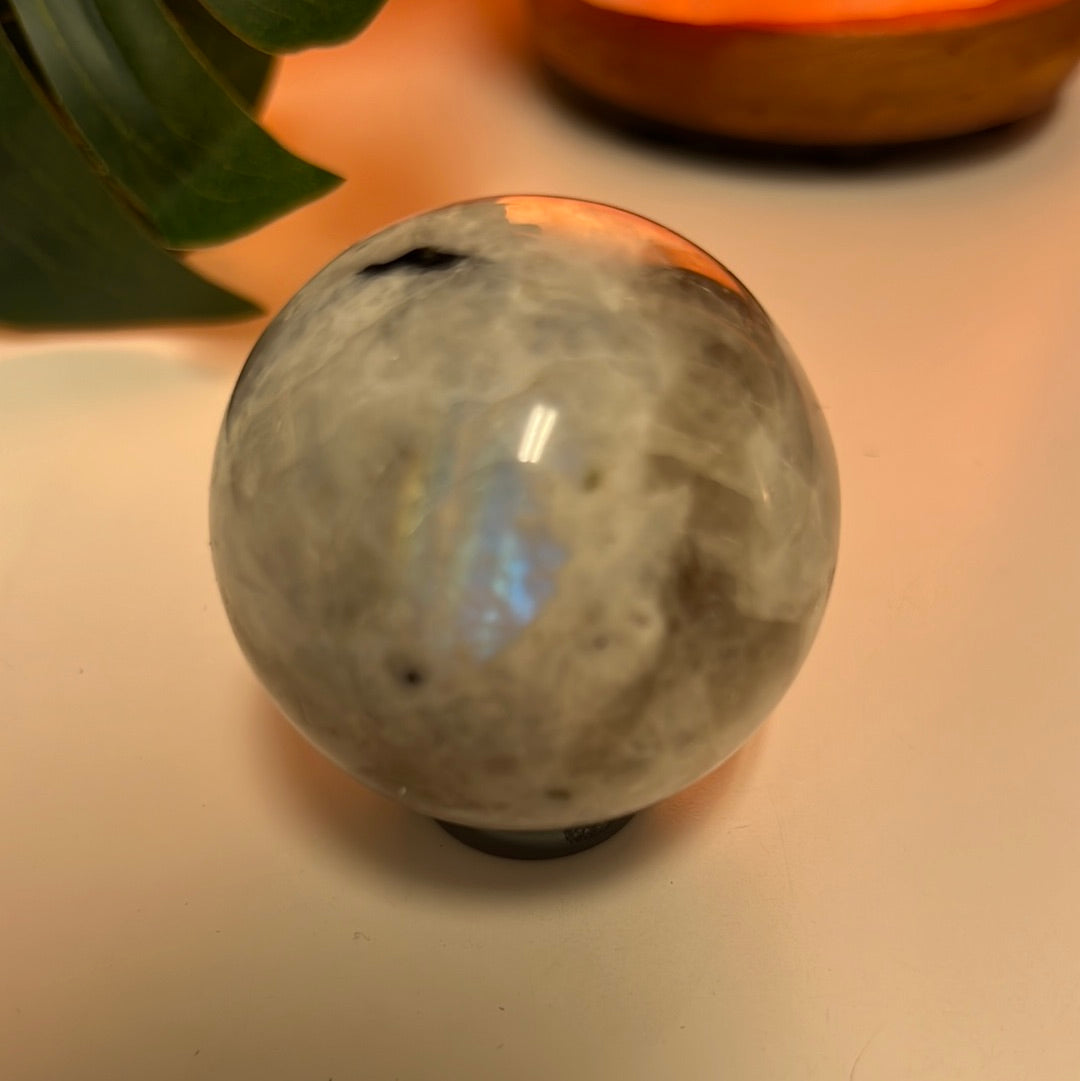Rainbow Moonstone Sphere With Smoky Quartz