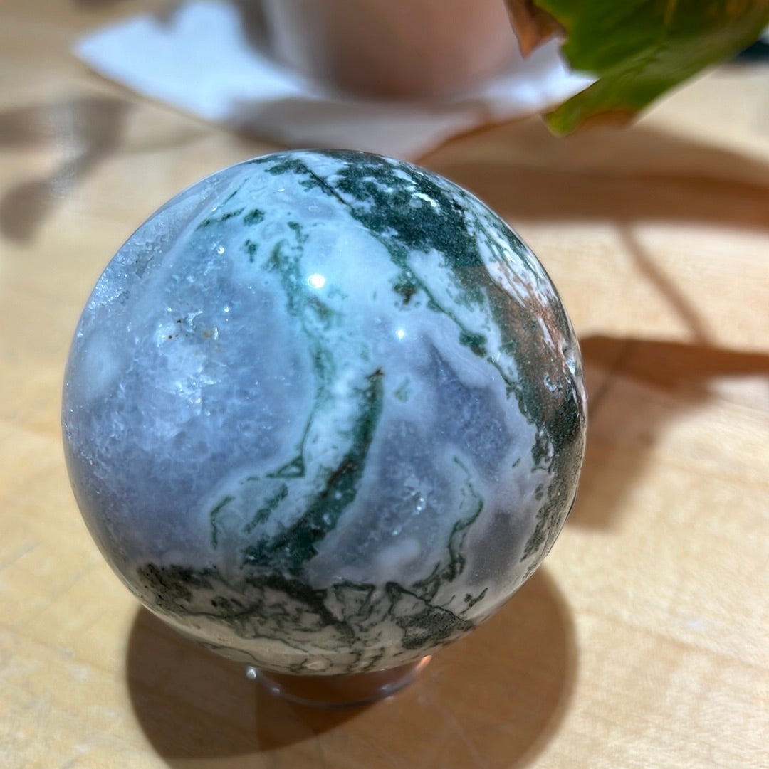 Moss Agate Sphere With Druzy Pocket