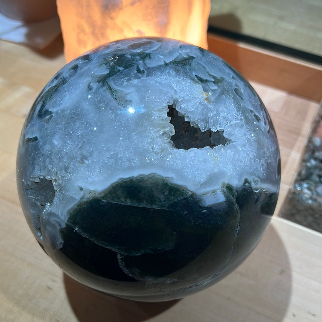 Large Moss Agate Sphere With Druzy Pockets