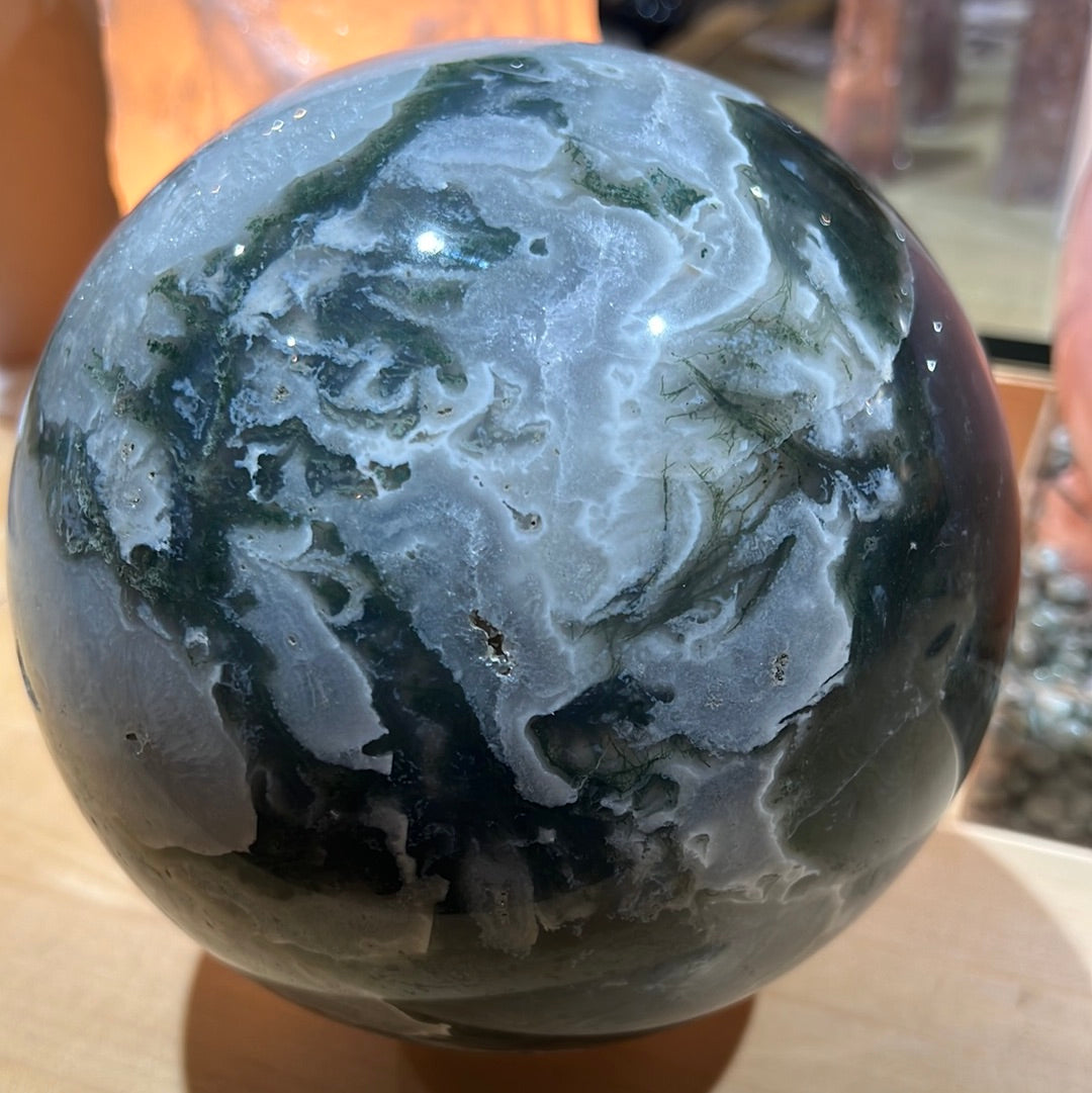 Large Moss Agate Sphere With Druzy Pockets