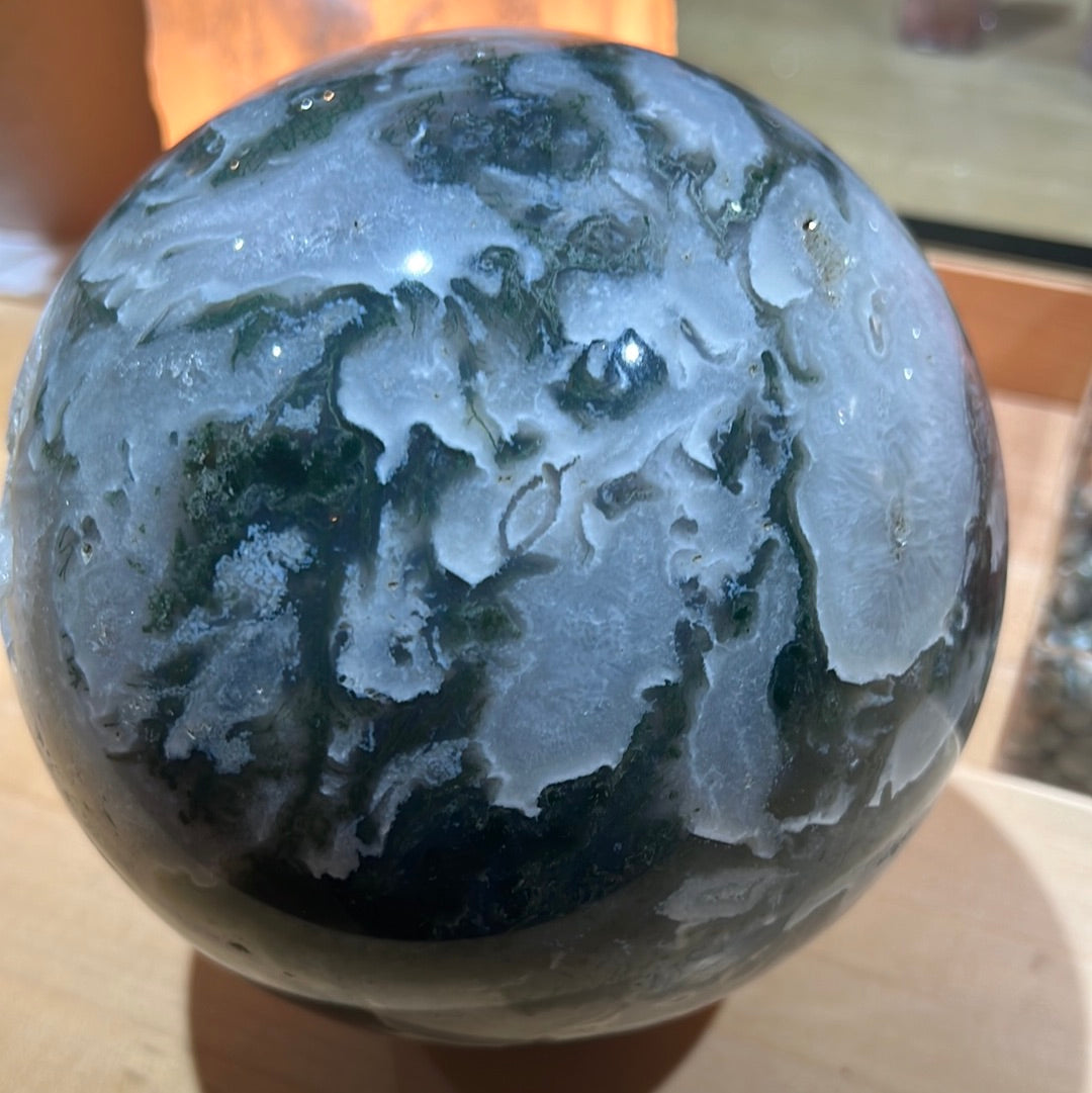 Large Moss Agate Sphere With Druzy Pockets