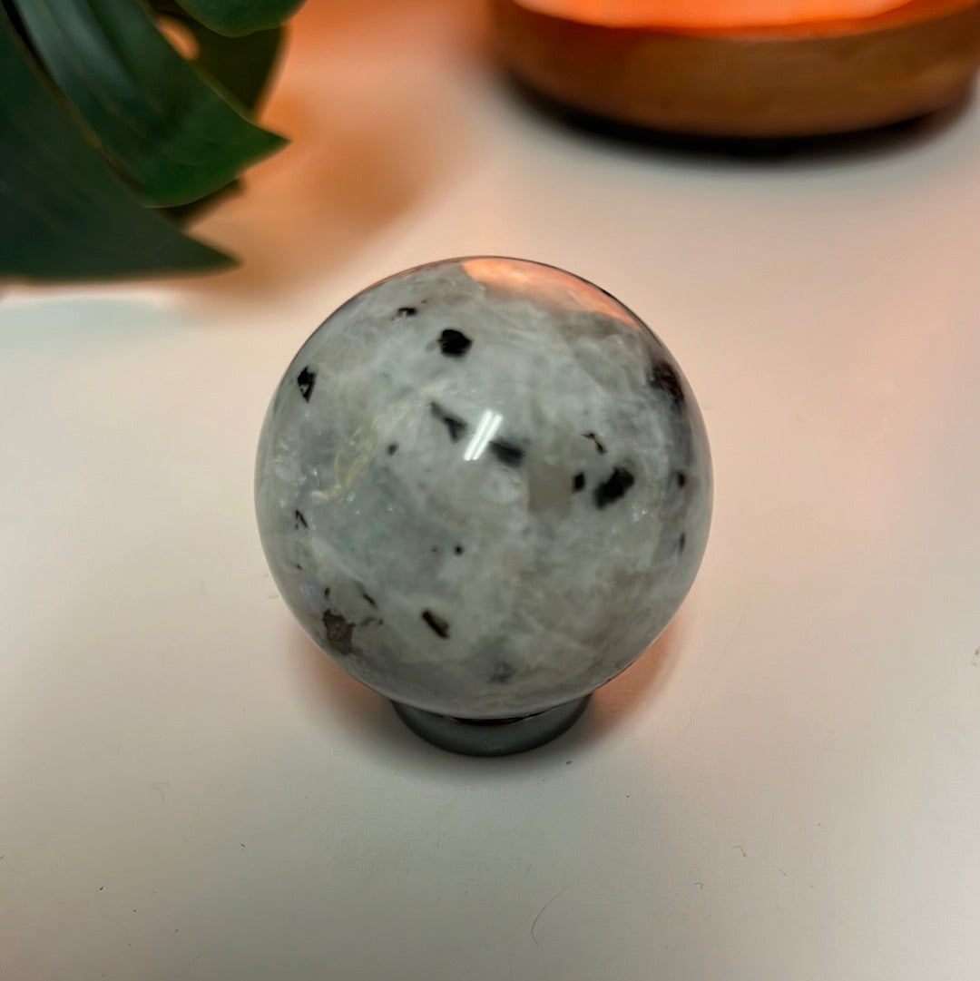 Rainbow Moonstone Sphere With Smoky Quartz