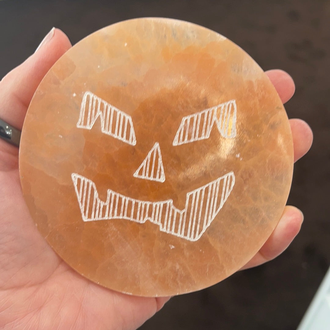 Peach Selenite Jack O Lantern Charging Plate